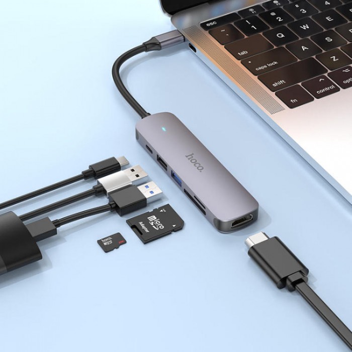 Hoco HB28 Adapter HUB USB-C 6-in-1 (1*USB 3.0, 1*USB 2.0, HDMI, SD, TF, PD) - HDMI 4K Адаптер