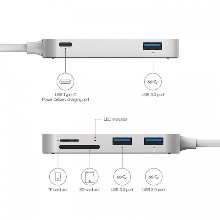 Dodocool DC49 USB-C HUB 6-in-1 (USB, SD, TF) Адаптер