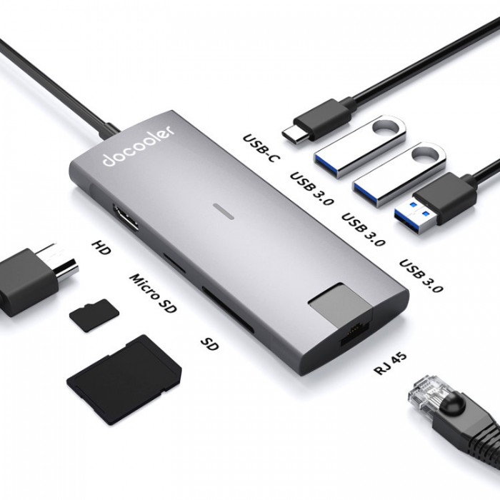 Docooler USB-C HUB 8-in-1 (USB, HDMI, SD, TF, Ethernet) Адаптер