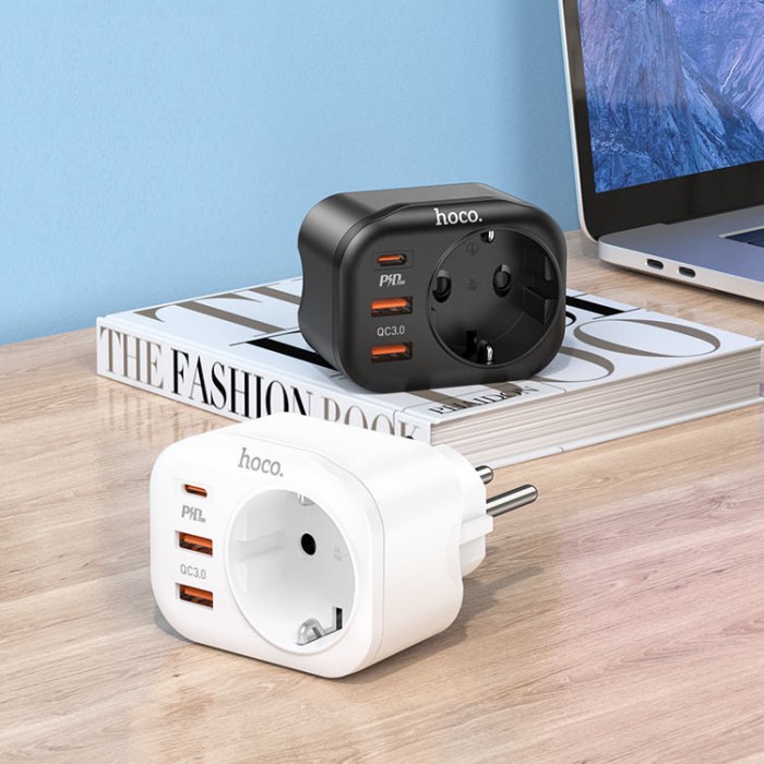 Hoco NS3 Multifunctional socket  1 розетка 4000W / выходы 2xUSB QC3.0, 18W + Type-C PD20W Сетевое зарядное устройство