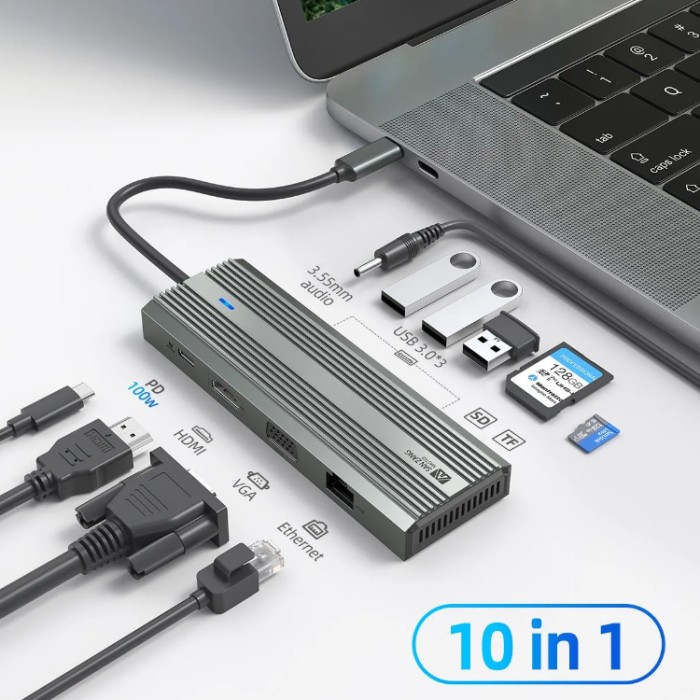 Sanzang SZPW-10P USB-C HUB 10-in-1 (HDMI, Ethernet, VGA, USB-C, USB-A 3.0*3, 3,5мм джек, SD, TF) Адаптер
