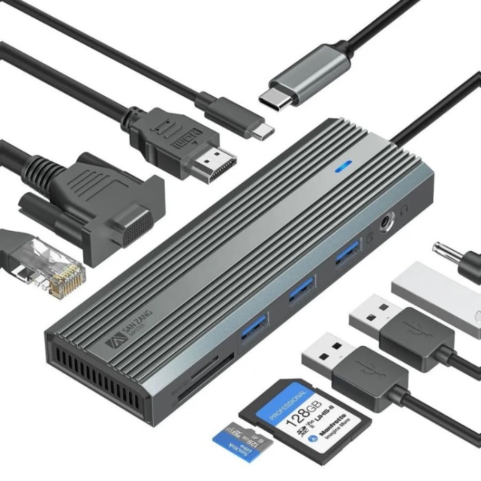 Sanzang SZPW-10P USB-C HUB 10-in-1 (HDMI, Ethernet, VGA, USB-C, USB-A 3.0*3, 3,5мм джек, SD, TF) Адаптер