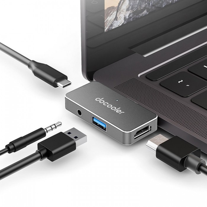 Docooler USB-C HUB 4-in-1 (USB, HDMI, Audio Jack, PD) Адаптер