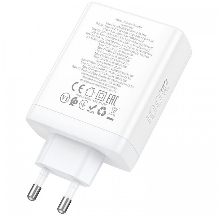 Hoco N31 USB + 3* USB Type C 3PD+QC3.0 GaN 100W (100 Вт) Сетевое зарядное устройство